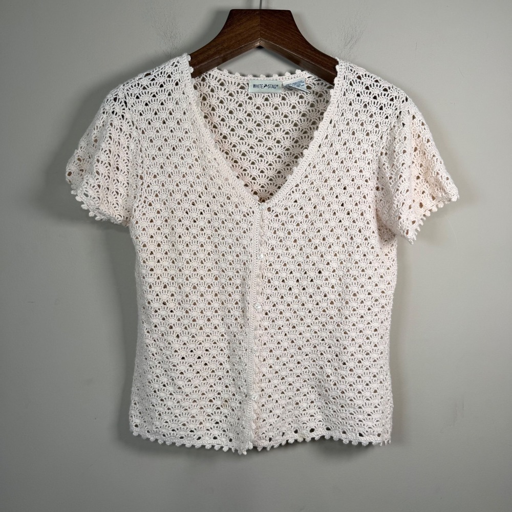 White Stag Vintage Cream Crochet Pointelle Short Sleeve Crop Cardigan Small